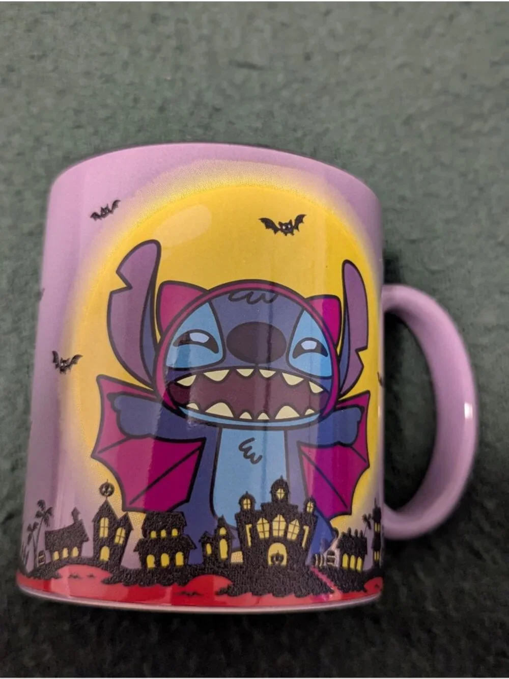 Disney Stitch Halloween Ceramic Mug 20 Oz Purple With Haunted House & Bat Design